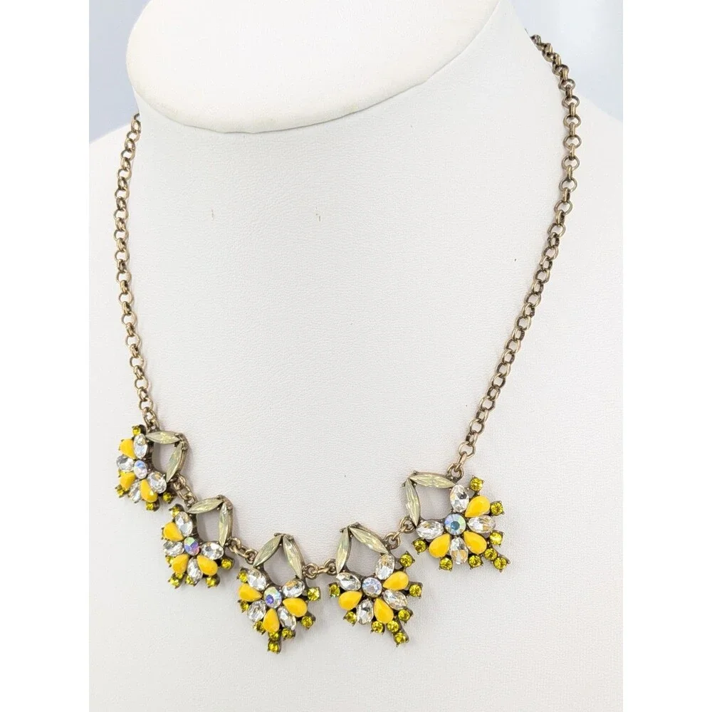 LOFT Statement Necklace Yellow Green Rhinestone Floral Gold Tone Resin 19 Inch